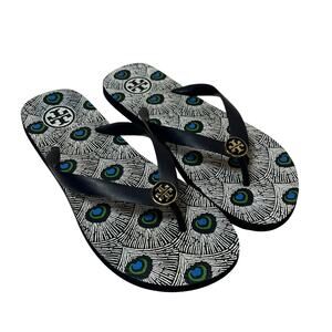 Tory Burch Rubber Flip Flops Peacock Black White Sz 9.5 Beach Pool Summer Sandal
